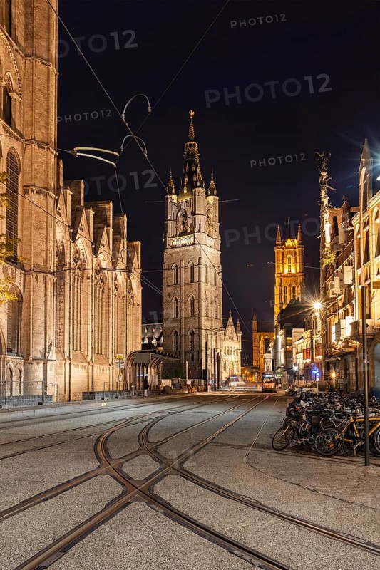 Belfry of Ghent and Sint-Baafskathedraal. Sint- Michielshelling street. Ghent, Belgium