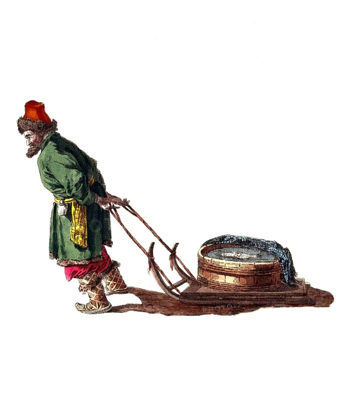 Historical clothing, fashion over time, clothing of a Russian peasant, merchant selling fish in 1765, Russia, digitally restored reproduction of an 18th/19th century model, exact date unknown, man pulling a barrel on a sledge with red cap