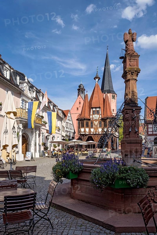 Baroque Löwenhof, Gasthaus Zum goldenen Löwen and Posthalterei von Thurn und Taxis, post office, Marktbunnen, old town hall, late medieval half-timbered building, Gothic, cultural monument, bell tower of the town church, street café, pedestrian zone, market square, historic old town, Michelstadt, Odenwald, Hesse, Germany