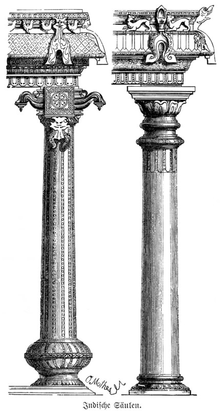 Indian columns, round, base, column base, shaft, capital, ornaments, architecture, India, historical illustration 1880