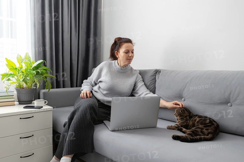 A woman works from home, sitting on a gray sofa, using a laptop. She gently pets a cat beside her, creating a cozy and productive atmosphere in a well lit room