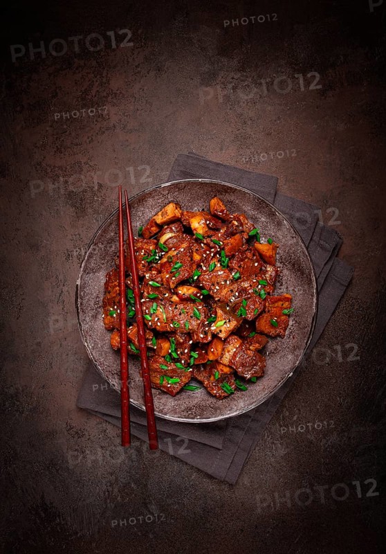 Bulgogi, with mushrooms, with sesame seeds and green onions, Korean cuisine, homemade, no people