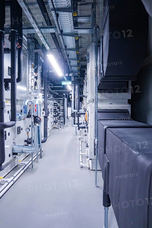 Technical pipe system and ventilation system in an industrial environment, ventilation system, technical room, Calw, Germany
