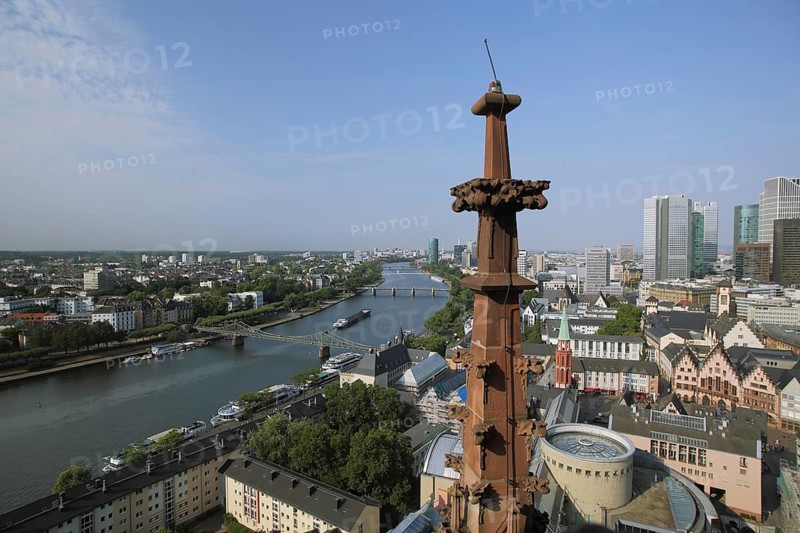 View from Kaiserdom on cityscape, river with cargo ship, skyscrapers, pinnacles, cruciflower, Friedensbrücke, Holbeinsteg, Untermainbrücke, Maintal, Frankfurt am Main, Hesse, Germany