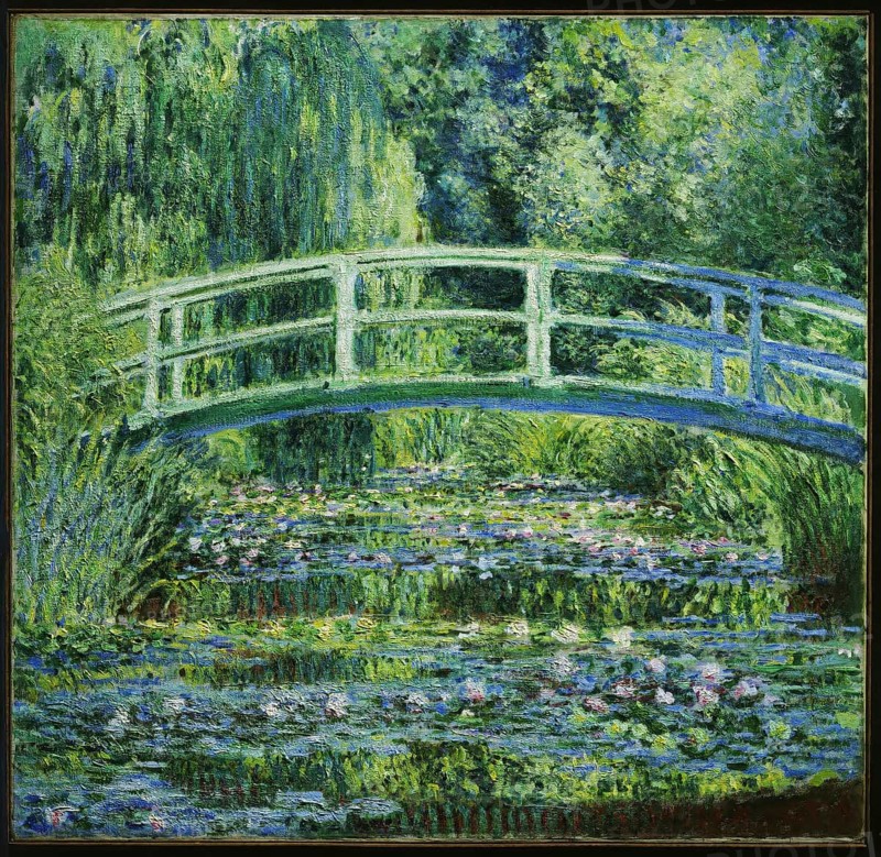 Claude Monet (b. 14 November 1840 in Paris as Oscar-Claude Monet, d. 5 December 1926) important French painter, Impressionist style. Here is his work, Water Lilies and Japanese Bridge (1899), A lush garden with a wooden bridge over a pond covered with water lilies