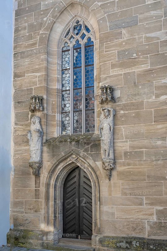 Two figures of saints on the side portal of the baroque Church of the Holy Spirit, Weißenburg, Middle Franconia, Bavaria, Germany