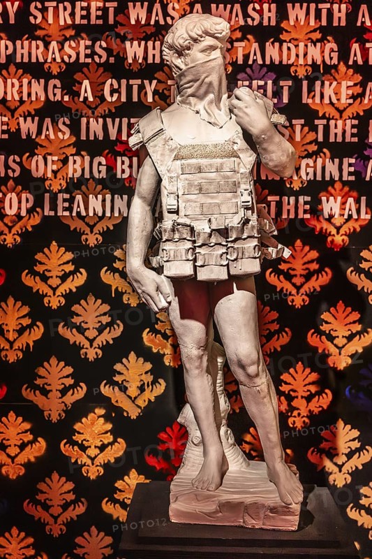 Banksy - Adaptation of Michelangelo's David sculpture as a suicide bomber, 2009, exhibition The World of Banksy