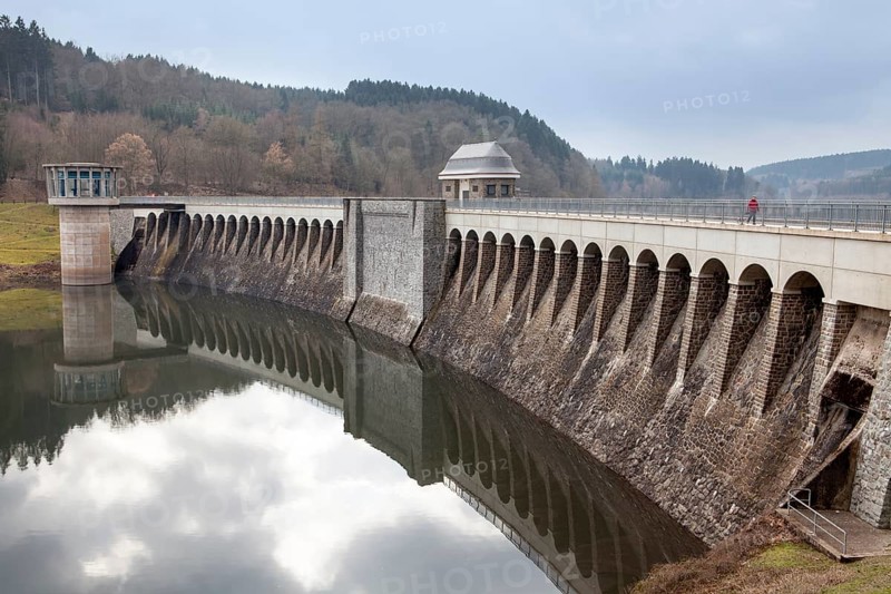 Dam of the Lister Reservoir, turbine tower at Bigge Reservoir hydroelectric power station, Olpe, Germany