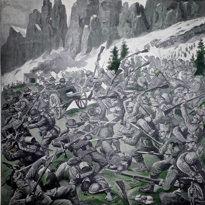1st World War, the clash at Lavarone (original pictorial text from 1915), first military conflict that took place during the First World War between Italy and Austria-Hungary just west of the then state and today's provincial border between Trentino and Vicenza in Trentino, which at that time still belonged to Tyrol and thus to Austria, illustration, reproduction from a 19th century original. Authentic, file restored for optimal use, exact date of the original unknown, Historical, Fierce battle in mountainous terrain with artillery and soldiers in the snow