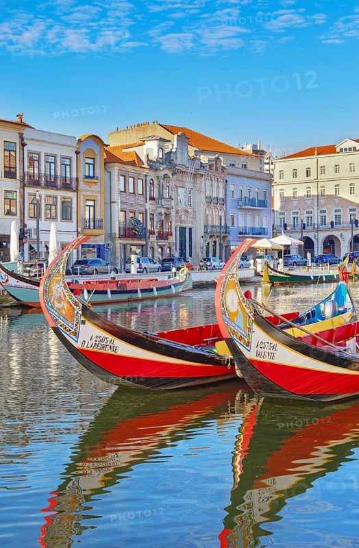 Traditional Moliceiro boats on Aveiro main water canal, Aveiro, Portugal
