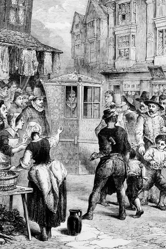 George Villiers, 1st Duke of Buckingham (1592 to 1628), is seen riding through the streets in his palanquin. According to Robert Carr, he was the favourite of Edward I and some claim that he was the king's lover, England, digital reproduction of a historical model