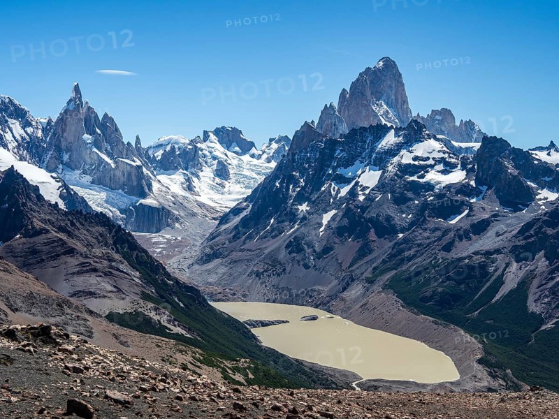 View from viewpoint Loma del Pliegue Tumbado, mountain range of Cerro Torre and Cerro Fitz Roy in the back, El Chalten, Argentina