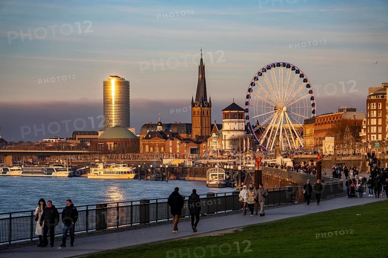 Rhine promenade in Düsseldorf, Ferris wheel, old castle tower, St. Lambert Basilica, old town, ERGO Insurance high-rise building, North Rhine-Westphalia, Germany