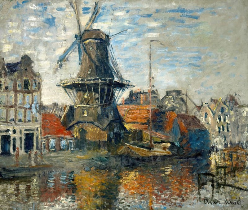Claude Monet (b. 14 November 1840 in Paris as Oscar-Claude Monet, d. 5 December 1926) important French painter, Impressionist style. Here is his work, The Windmill on the Onbekende Gracht, Amsterdam (1874), The Windmill on the Onbekende Gracht, A Dutch town view with windmill and boats on calm water