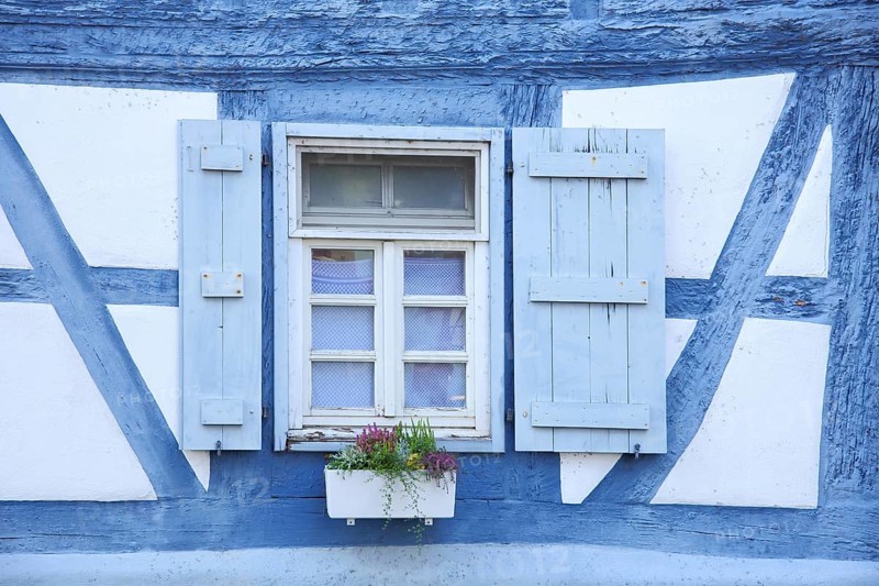 Blue window with shutters and flower decoration, flower pot, idyll, Steinheim, Hanau, Hesse, Germany