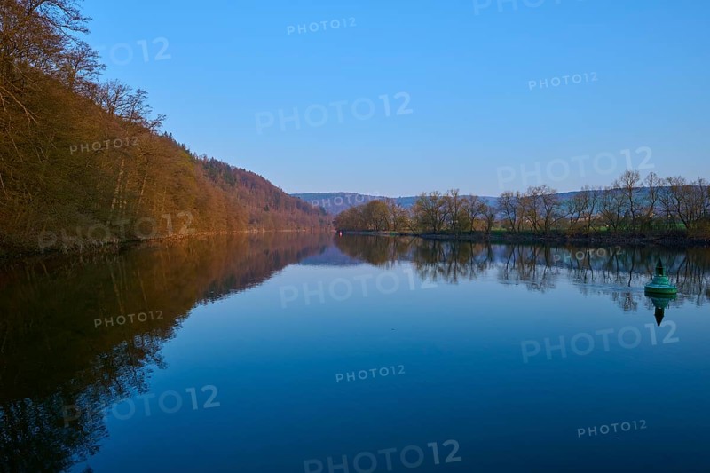 Clear river under blue sky, along wooded shore, peaceful atmosphere, Boxtal, Main-Boxtal, Tauber district, Baden-Württemberg, and Stadtprozelten, Dorfprozelten, Main, Spessart, Bavaria, Germany