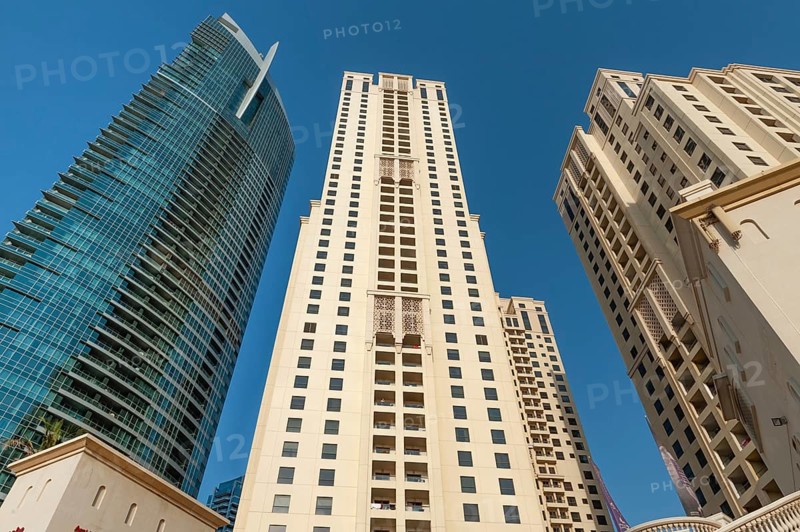 Dubai, United Arab Emirates. July 2nd 2019 Modern skyscraper apartment complex buildings on the sea front, Dubai, United Arab Emirates