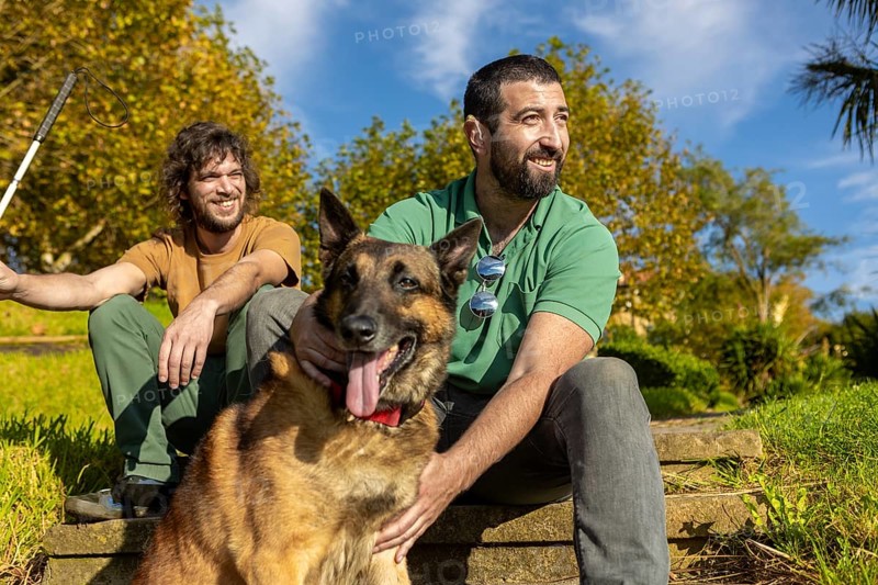 Two friends enjoy a sunny day sitting on some stairs outdoors, one of them is blind, they are accompanied by a faithful guide dog, highlighting companionship and accessibility in nature