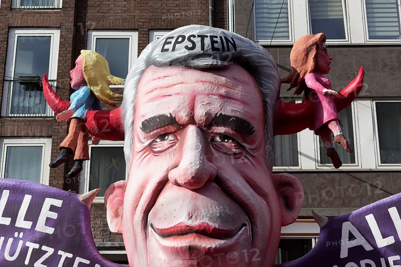 Theme car on the Epstein files scandal by wagon maker Jacques Tilly, All Protect the Perpetrators, All Ignore the Victims, Düsseldorf Rose Monday Train, Düsseldorf, North Rhine-Westphalia, Germany
