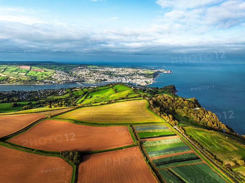 Fields and Farms at evening sun from a drone, Shaldon, Torquay, Devon, England, United Kingdom