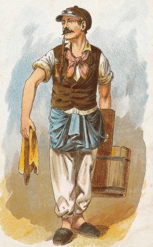 Viennese types by Ladislav Eugen Petrovits (1839, 1907), painter from Austria. Water seller, waterer, A man with apron and tools at work
