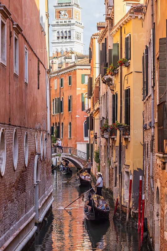 Venetian gondola with gondolier travelling on the canals of Venice, Venice, Italy