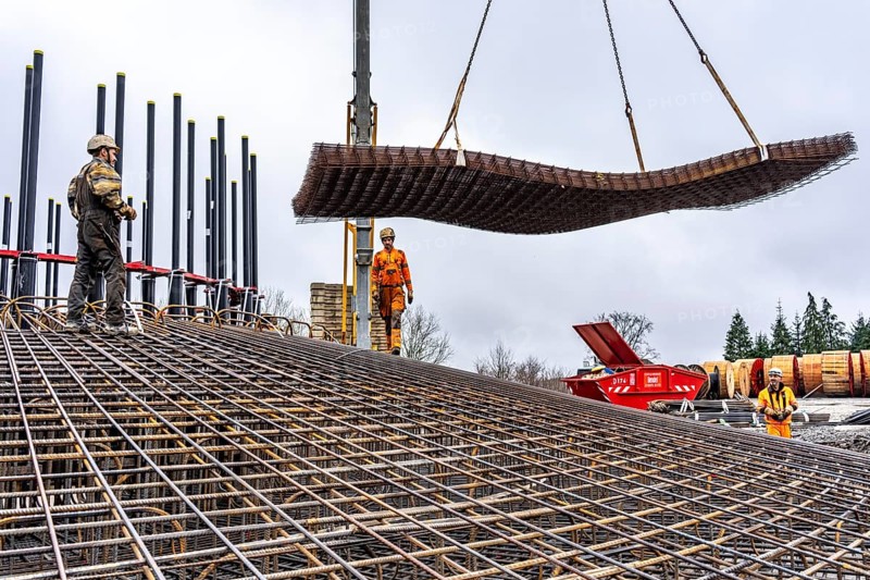 Assembly of reinforcing steel for the reinforced concrete foundation of a wind turbine, a mesh of rebar and rebar mesh, over 100 tons of reinforcing steel were used, the wind turbine will have a hub height of 160 meters, part of a new wind farm in Sauerland, near Balve, North Rhine-Westphalia, Germany