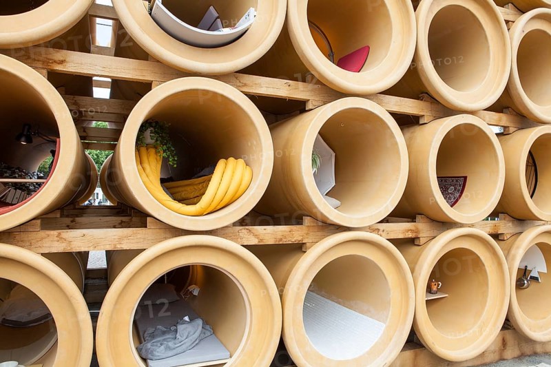 Housing pipes, conceptual artwork, 'When We Were Exhaling Images' by artist Hiwa K, documenta 14 exhibition, 2017, Kassel, Germany