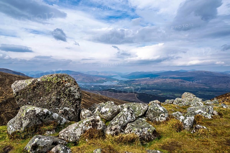 View from Nevis Range Mountains, Grampian Mountains, Fort William, Highland, Lochaber, Scotland, UK