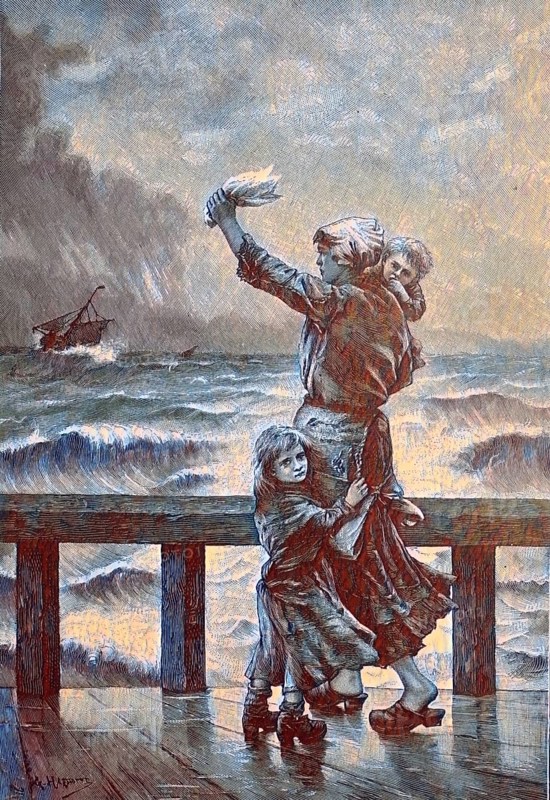 Farewell, Woman with children waving after a ship, Fishing boat in stormy sea, Holland, North Sea, Illustration from 1880, Historical, digital reproduction of an original from the 19th century