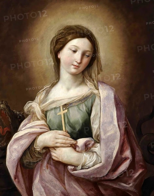 Painting, Reproduction of the painting, Work of art, Historical, Guido Reni, called il Guido or il divino Guido (born 4 November 1575 in Bologna, died 18 August 1642) Italian painter, fresco artist and etcher of the Bolognese school, main representative of a baroque classicism in painting, here the work:, Saint Margaret Of Antioch, Saint Margaret of Antioch, Young woman with halo and cross, painted in soft Renaissance colours