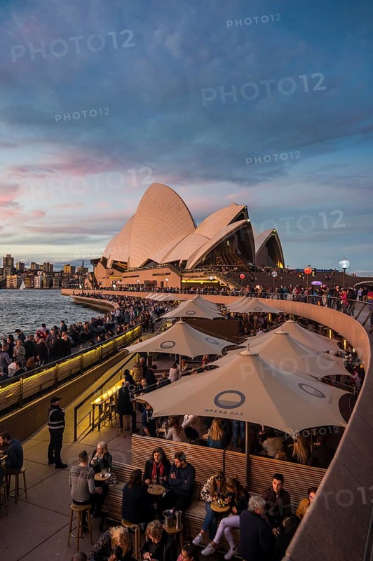 Sydney harbour with the harbour brisge and the opera after sunset, Sydney, New South Wales, Australia