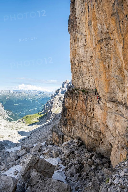 Mountaineers on the Bocchette Centrale band trail, via ferrata in the Brenta Mountains, Brenta-Adamello Natural Park, Trentino, Italy
