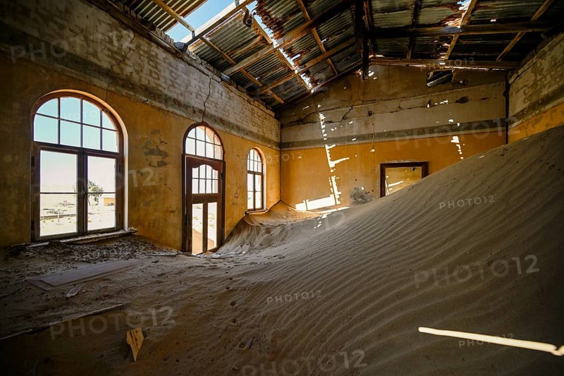 Former dwelling house full of sand, Kolmanskop, restricted diamond area, Karas region, Namibia
