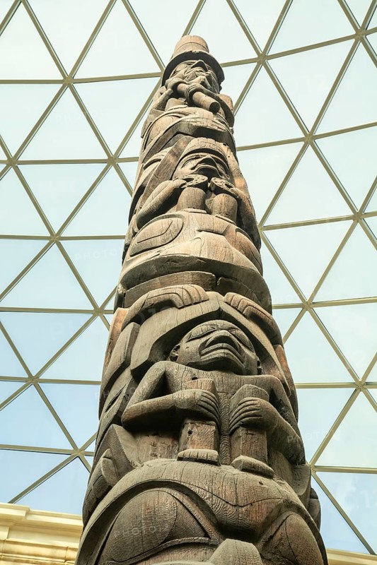 Wooden figures, detail of totem pole from 1850 in British Columbia, Canada in British Museum, London, England, United Kingdom, UK, Great Britain