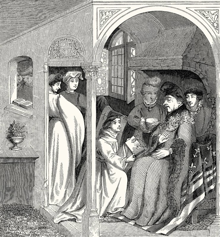 Hayton of Corycus gives the book ‚Livre des merveilles du monde‘ to John the Fearless, 15th century