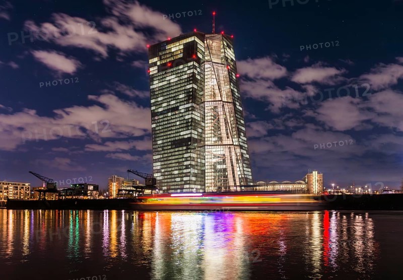 Colourfully illuminated excursion steamer in front of the brightly lit ECB (European Central Bank) at night, Sachsenhausen, Deutschherrnufer, Frankfurt am Main, Hesse, Germany