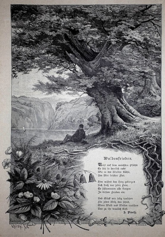 Forest peace, peaceful scene under a large tree by the lake, with a poem, 1890, illustration, reproduction from a 19th century model. Authentic, file restored for optimal use, exact date of original unknown, historical, landscape with a large tree, poem in the foreground, peaceful atmosphere