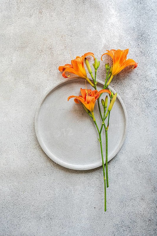 Top view of vibrant orange tiger lily flowers displayed elegantly on a minimalist ceramic plate, set against a textured gray background in an indoor setting