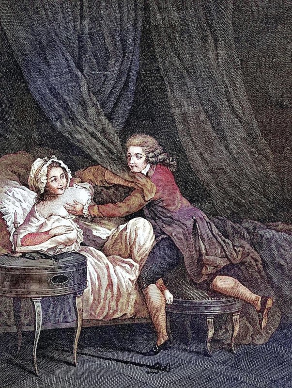 Dangerous intimacy, erotic encounter of a couple, French copperplate engraving by Nerbe, Historic, 18th century, digitally restored reproduction of a 19th century original, exact original date unknown