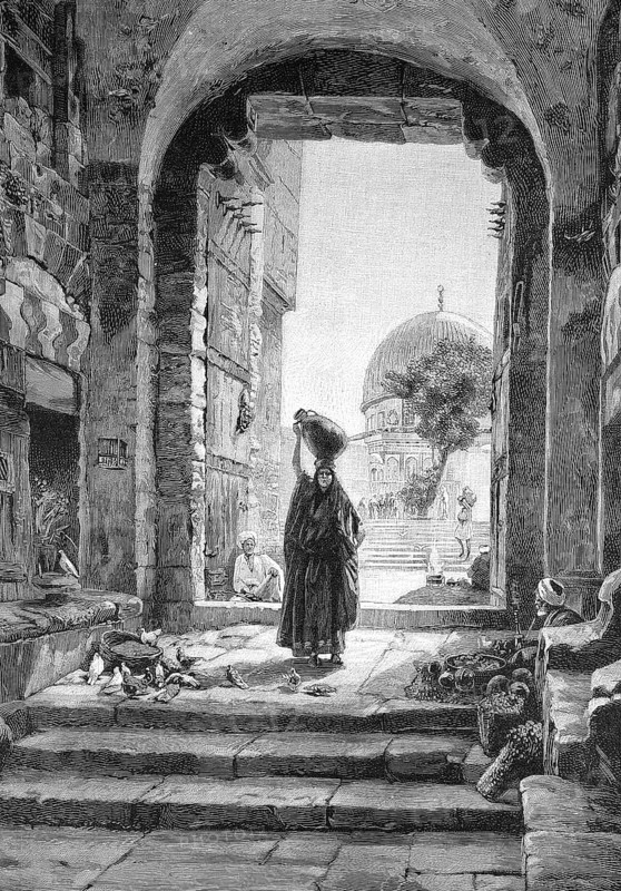The Tor tor to the Temple Square in Jerusalem, Woman carrying a water carafe on her head, Israel, Historical, Digitally restored reproduction from a 19th century original, c. 1890, Record date not stated