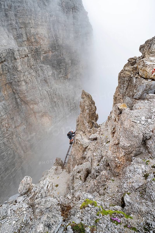 Two mountaineers climb a ladder in the Via Ferrata Oliva Detassis via ferrata in fog, steep mountains covered in clouds, Brenta Mountains, Trentino, Italy