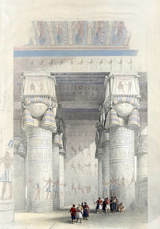 View under the portico of the temple of Dendera, Egypt, around 1850, Historical, digitally restored reproduction from a 19th century original, exact date unknown