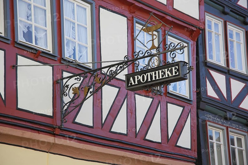 Pharmacy nose sign, half-timbered house, inscription, marketplace, Alsfeld, Hesse, Germany