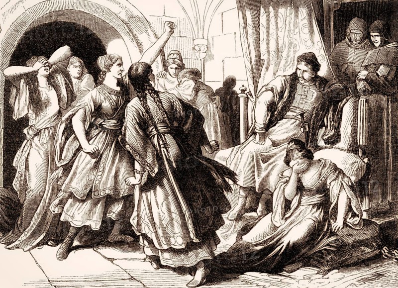 Mieszko I, ca. 930, 992, the ruler of the Polans, repudiating his seven pagan wives before becoming a Roman Catholic