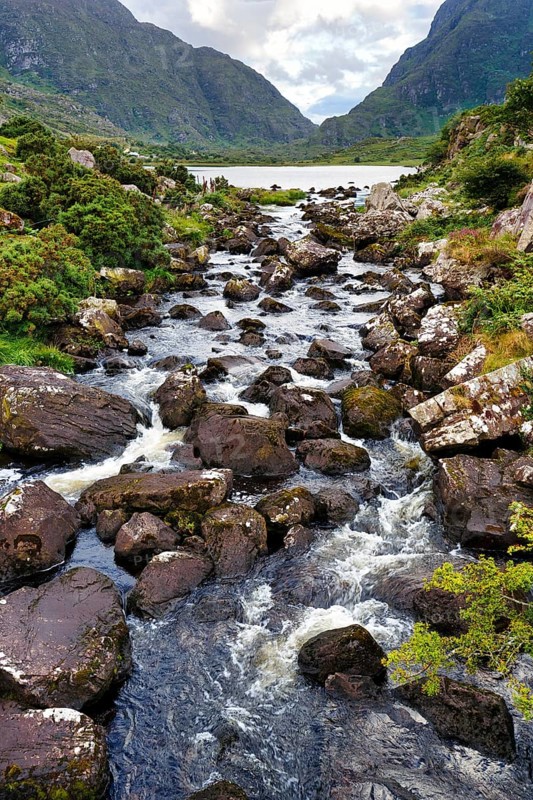 Stream, lakeside, Gap of Dunloe mountain pass, Killarney, Ring of Kerry scenic road, Iveragh Peninsula, County Kerry, Ireland