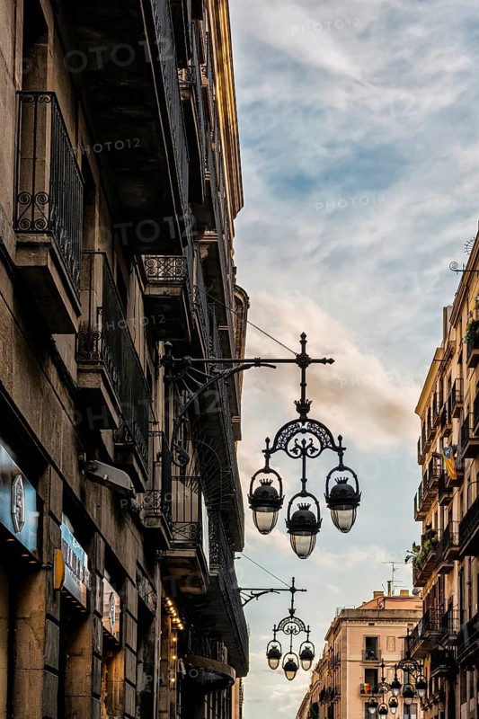 Old town with street lamp in Barcelona, Spain