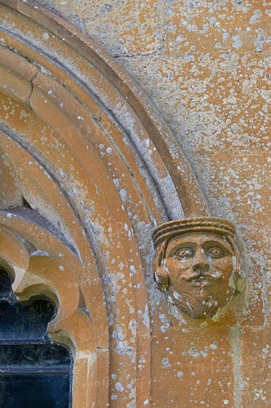 Portrait, Head, Detail, Exterior wall, Church, Stanway, The Cotswolds, England, Great Britain