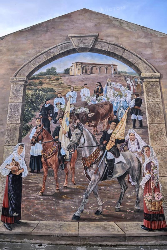 Sardinian Mural painting, Mural, procession, Thieri, Sardinia, Italy