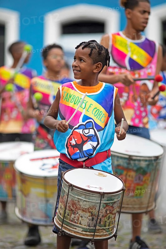 Traditional drumming group in the historic old town, Salvador, State of Bahia, Brazil